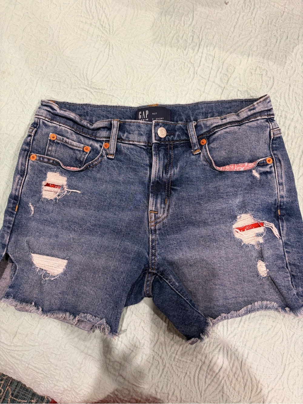 GAP Blue Distressed Denim Cutoff Shorts with Red Patch Details